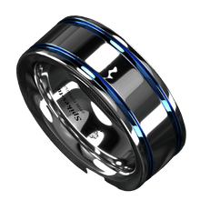 Load image into Gallery viewer, Tungsten Rings for Men Wedding Bands for Him Womens Wedding Bands for Her 8mm Blue Grooved Lines - Jewelry Store by Erik Rayo
