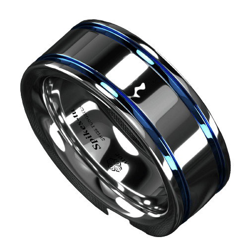 Tungsten Rings for Men Wedding Bands for Him Womens Wedding Bands for Her 8mm Blue Grooved Lines - Jewelry Store by Erik Rayo