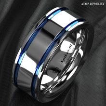 Load image into Gallery viewer, Tungsten Rings for Men Wedding Bands for Him Womens Wedding Bands for Her 8mm Blue Grooved Lines - Jewelry Store by Erik Rayo
