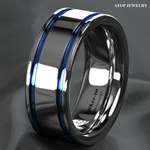 Load image into Gallery viewer, Engagement Rings for Women Mens Wedding Bands for Him and Her Promise / Bridal Mens Womens Rings Blue Grooved Lines - Jewelry Store by Erik Rayo
