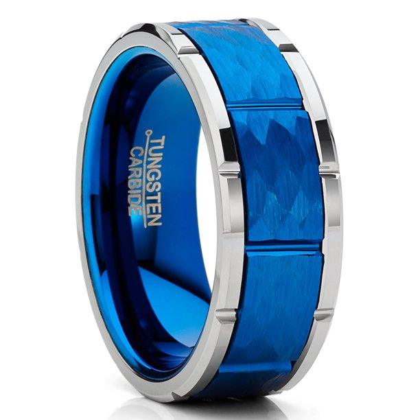 Tungsten Rings for Men Wedding Bands for Him Womens Wedding Bands for Her 8mm Blue Hammered Finish With Notches - Jewelry Store by Erik Rayo