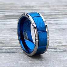 Load image into Gallery viewer, Tungsten Rings for Men Wedding Bands for Him Womens Wedding Bands for Her 8mm Blue Hammered Finish With Notches - Jewelry Store by Erik Rayo
