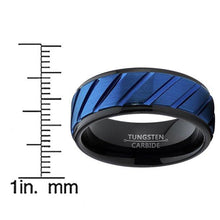 Load image into Gallery viewer, Tungsten Rings for Men Wedding Bands for Him Womens Wedding Bands for Her 8mm Blue IP Plated Diagonally Grooved - Jewelry Store by Erik Rayo
