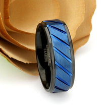 Load image into Gallery viewer, Tungsten Rings for Men Wedding Bands for Him Womens Wedding Bands for Her 8mm Blue IP Plated Diagonally Grooved - Jewelry Store by Erik Rayo
