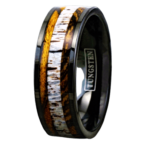 Tungsten Rings for Men Wedding Bands for Him Womens Wedding Bands for Her 8mm Bocote Wood and Deer Antler Wedding Band - Jewelry Store by Erik Rayo