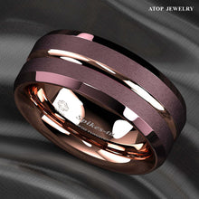 Load image into Gallery viewer, Tungsten Rings for Men Wedding Bands for Him Womens Wedding Bands for Her 8mm Brushed Brown Rose Gold Groove Stripe - Jewelry Store by Erik Rayo

