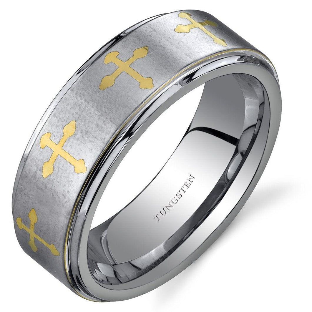 Tungsten Rings for Men Wedding Bands for Him Womens Wedding Bands for Her 8mm Brushed with Gold Cross - Jewelry Store by Erik Rayo