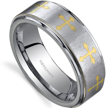 Load image into Gallery viewer, Tungsten Rings for Men Wedding Bands for Him Womens Wedding Bands for Her 8mm Brushed with Gold Cross - Jewelry Store by Erik Rayo
