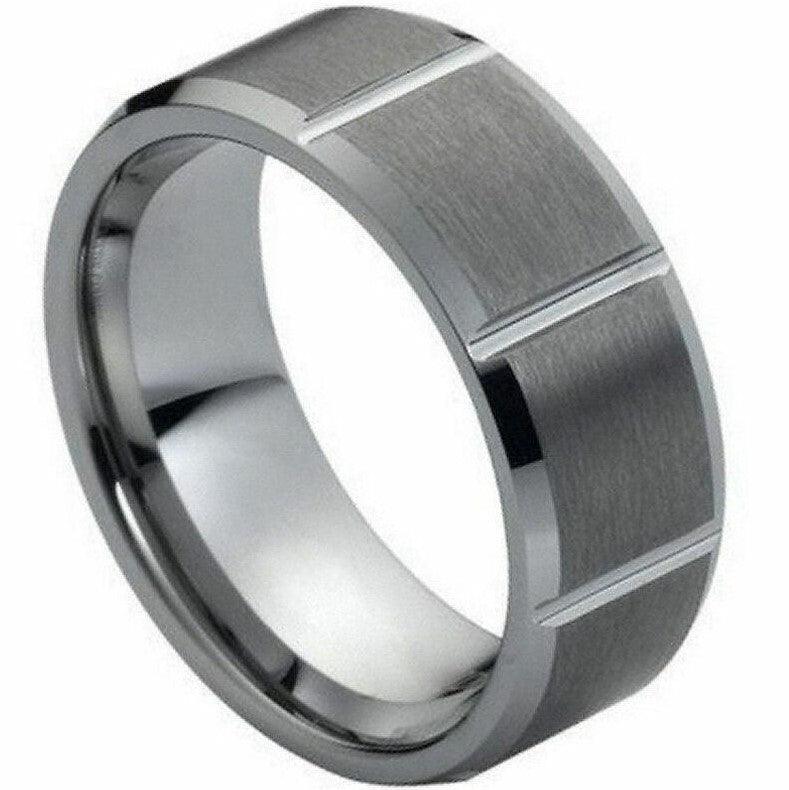 Tungsten Rings for Men Wedding Bands for Him Womens Wedding Bands for Her 8mm Brushed with Square Grooves - Jewelry Store by Erik Rayo