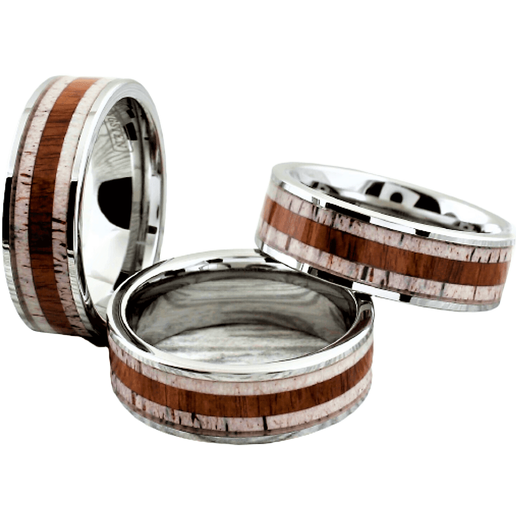 Tungsten Rings for Men Wedding Bands for Him Womens Wedding Bands for Her 8mm Deer Antler With Sandalwood Stripe Wedding Band - Jewelry Store by Erik Rayo