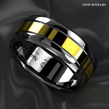 Load image into Gallery viewer, Tungsten Rings for Men Wedding Bands for Him Womens Wedding Bands for Her 8mm Dome Black Grooved Gold Center - Jewelry Store by Erik Rayo
