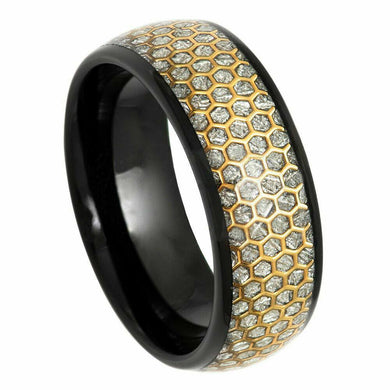 Mens Wedding Band Rings for Men Wedding Rings for Womens / Mens Rings Dome Black IP Honeycomb Cutout Meteorite inlay - Jewelry Store by Erik Rayo