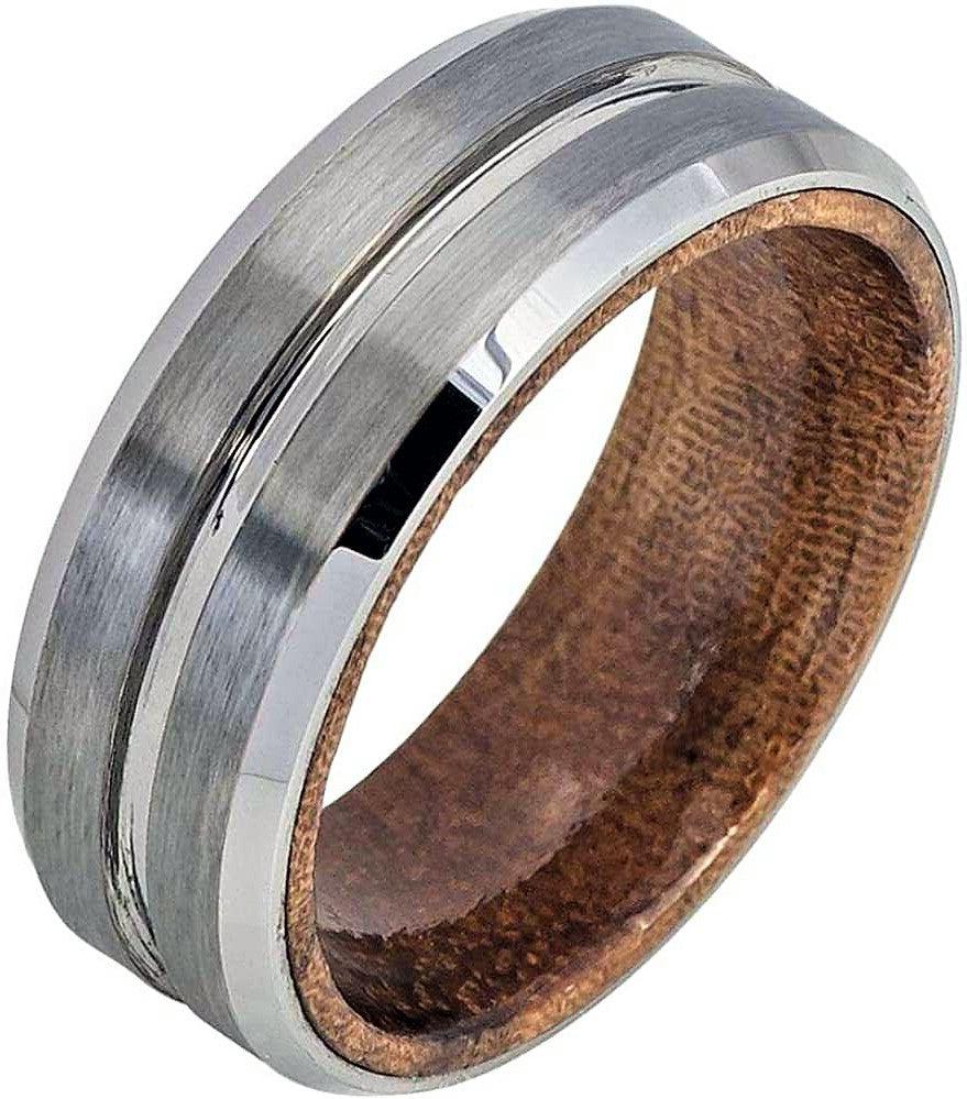 Tungsten Rings for Men Wedding Bands for Him Womens Wedding Bands for Her 8mm Grooved Center Brushed Finish Beveled Wood Inside - Jewelry Store by Erik Rayo