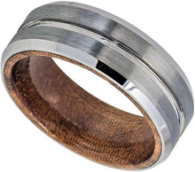 Load image into Gallery viewer, Tungsten Rings for Men Wedding Bands for Him Womens Wedding Bands for Her 8mm Grooved Center Brushed Finish Beveled Wood Inside - Jewelry Store by Erik Rayo
