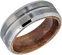 Load image into Gallery viewer, Tungsten Rings for Men Wedding Bands for Him Womens Wedding Bands for Her 8mm Grooved Center Brushed Finish Beveled Wood Inside - Jewelry Store by Erik Rayo
