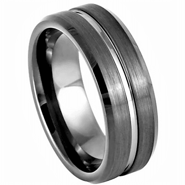 Tungsten Rings for Men Wedding Bands for Him Womens Wedding Bands for Her 8mm Gun Metal Grooved Center Beveled Edge - Jewelry Store by Erik Rayo