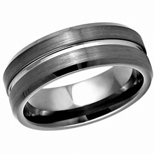 Load image into Gallery viewer, Tungsten Rings for Men Wedding Bands for Him Womens Wedding Bands for Her 8mm Gun Metal Grooved Center Beveled Edge - Jewelry Store by Erik Rayo
