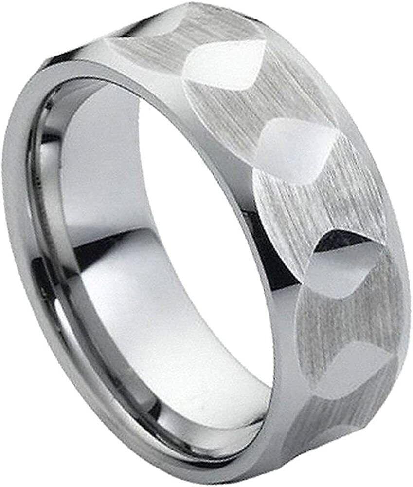 Tungsten Rings for Men Wedding Bands for Him Womens Wedding Bands for Her 8mm Hammered Beveled Edge Brushed with Shiny Facet - Jewelry Store by Erik Rayo