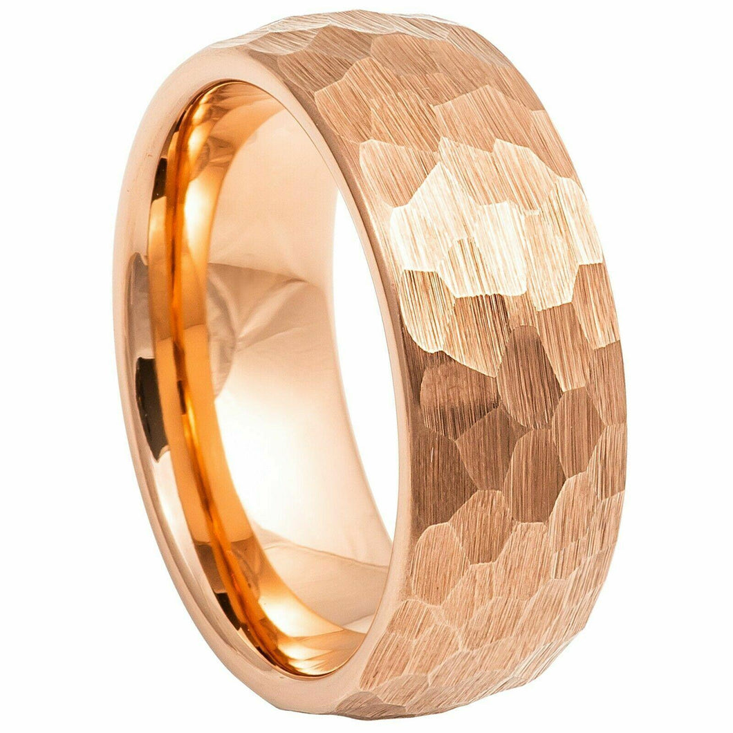 Tungsten Rings for Men Wedding Bands for Him Womens Wedding Bands for Her 8mm Hammered Brush Dome Rose Gold - Jewelry Store by Erik Rayo