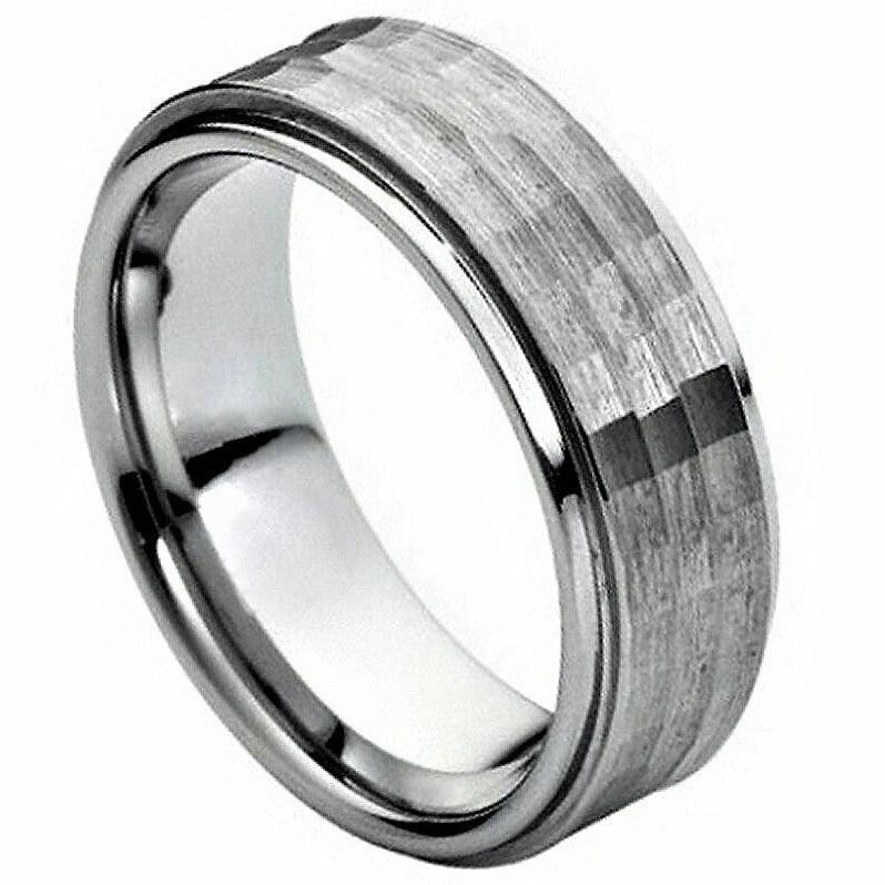 Tungsten Rings for Men Wedding Bands for Him Womens Wedding Bands for Her 8mm Hammered Center - Jewelry Store by Erik Rayo