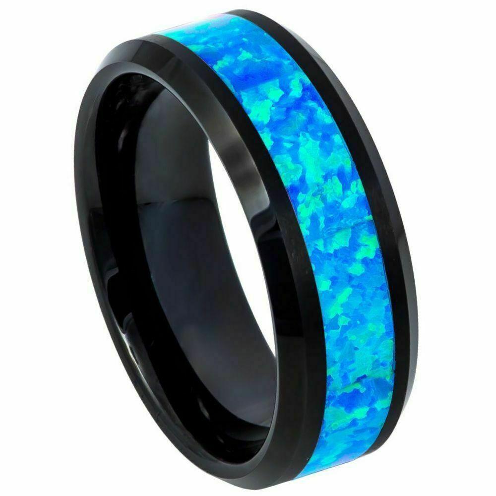 Tungsten Rings for Men Wedding Bands for Him Womens Wedding Bands for Her 8mm Hawaiian Ocean Opal Blue Inlay - Jewelry Store by Erik Rayo