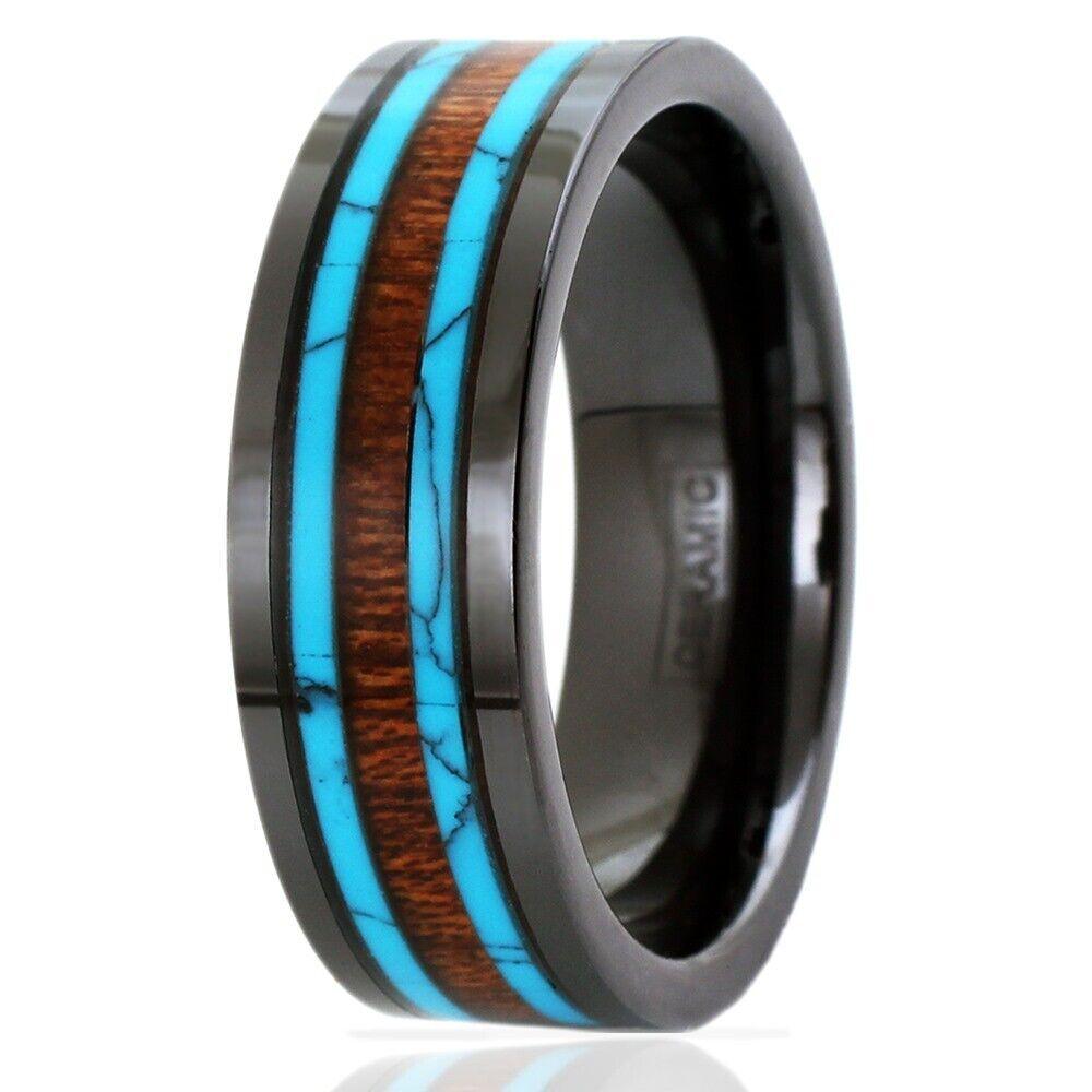 Tungsten Rings for Men Wedding Bands for Him Womens Wedding Bands for Her 8mm Hi-Tech Ceramic Hawaiian Koa Wood and Turquoise Wedding Band - Jewelry Store by Erik Rayo