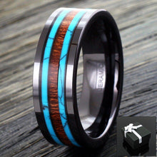 Load image into Gallery viewer, Mens Wedding Band Rings for Men Wedding Rings for Womens / Mens Rings Hi-Tech Ceramic Hawaiian Koa Wood and Turquoise Wedding Band - Jewelry Store by Erik Rayo
