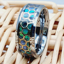 Load image into Gallery viewer, Tungsten Rings for Men Wedding Bands for Him Womens Wedding Bands for Her 8mm Honeycomb Cut Out Over Abalone Inlay Yellow Gold - Jewelry Store by Erik Rayo
