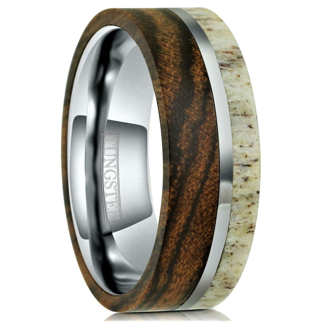 Tungsten Rings for Men Wedding Bands for Him Womens Wedding Bands for Her 8mm Offset Deer Antler and Bocote Wood Wedding Band - Jewelry Store by Erik Rayo