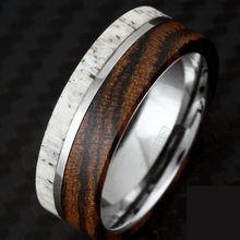 Load image into Gallery viewer, Tungsten Rings for Men Wedding Bands for Him Womens Wedding Bands for Her 8mm Offset Deer Antler and Bocote Wood Wedding Band - Jewelry Store by Erik Rayo
