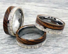 Load image into Gallery viewer, Mens Wedding Band Rings for Men Wedding Rings for Womens / Mens Rings Offset Deer Antler and Bocote Wood Wedding Band - Jewelry Store by Erik Rayo
