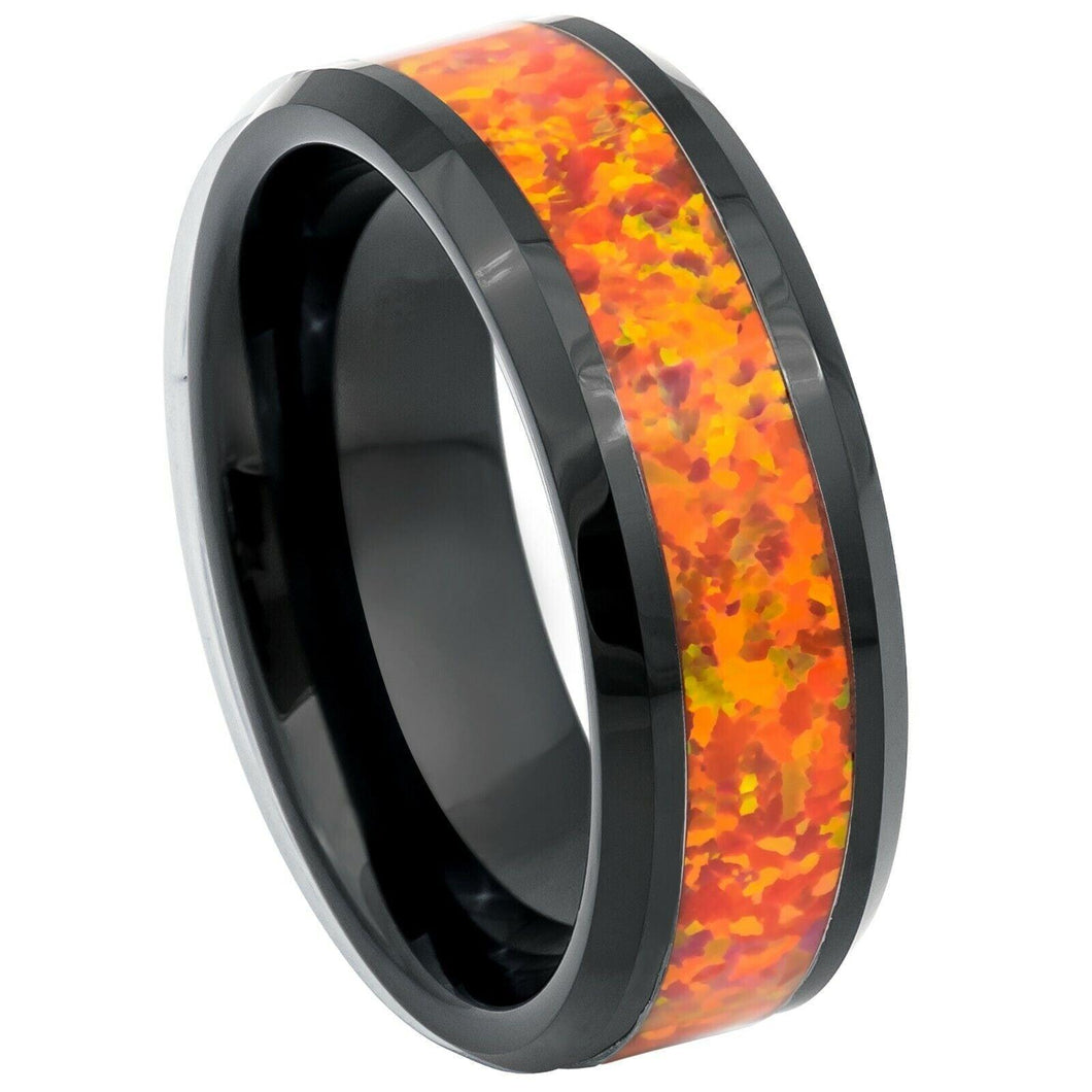 Mens Wedding Band Rings for Men Wedding Rings for Womens / Mens Rings Orange Fire Opal Inlay Black IP Plated - Jewelry Store by Erik Rayo