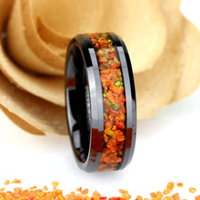 Load image into Gallery viewer, Tungsten Rings for Men Wedding Bands for Him Womens Wedding Bands for Her 8mm Orange Fire Opal Inlay Black IP Plated - Jewelry Store by Erik Rayo

