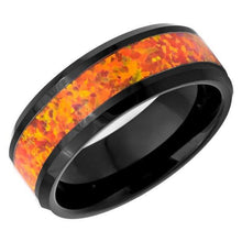 Load image into Gallery viewer, Tungsten Rings for Men Wedding Bands for Him Womens Wedding Bands for Her 8mm Orange Fire Opal Inlay Black IP Plated - Jewelry Store by Erik Rayo
