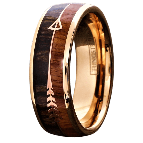 Tungsten Rings for Men Wedding Bands for Him Womens Wedding Bands for Her 8mm Rose Gold Arrow with Wood - Jewelry Store by Erik Rayo