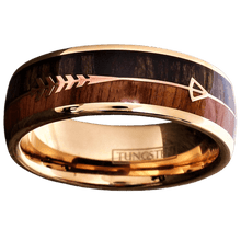 Load image into Gallery viewer, Tungsten Rings for Men Wedding Bands for Him Womens Wedding Bands for Her 8mm Rose Gold Arrow with Wood - Jewelry Store by Erik Rayo
