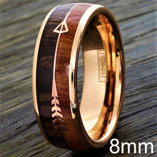 Load image into Gallery viewer, Tungsten Rings for Men Wedding Bands for Him Womens Wedding Bands for Her 8mm Rose Gold Arrow with Wood - Jewelry Store by Erik Rayo
