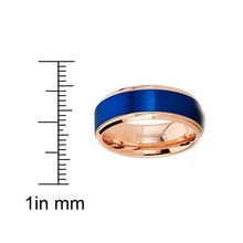 Load image into Gallery viewer, Tungsten Rings for Men Wedding Bands for Him Womens Wedding Bands for Her 8mm Rose Gold Blue Brushed Textured - Jewelry Store by Erik Rayo
