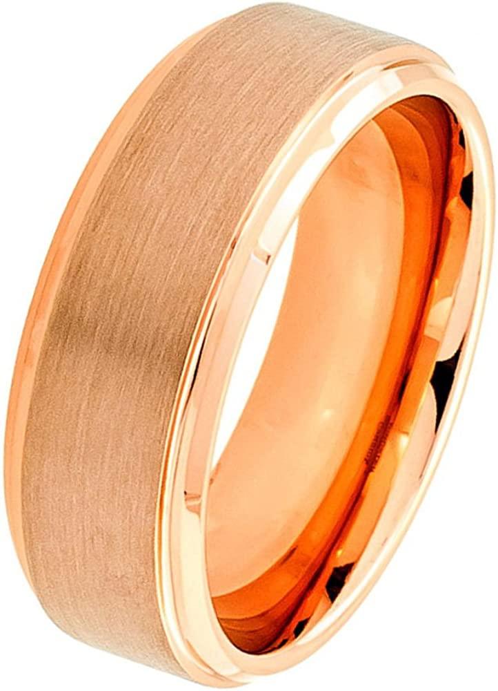 Tungsten Rings for Men Wedding Bands for Him Womens Wedding Bands for Her 8mm Rose Gold Brushed Center - Jewelry Store by Erik Rayo
