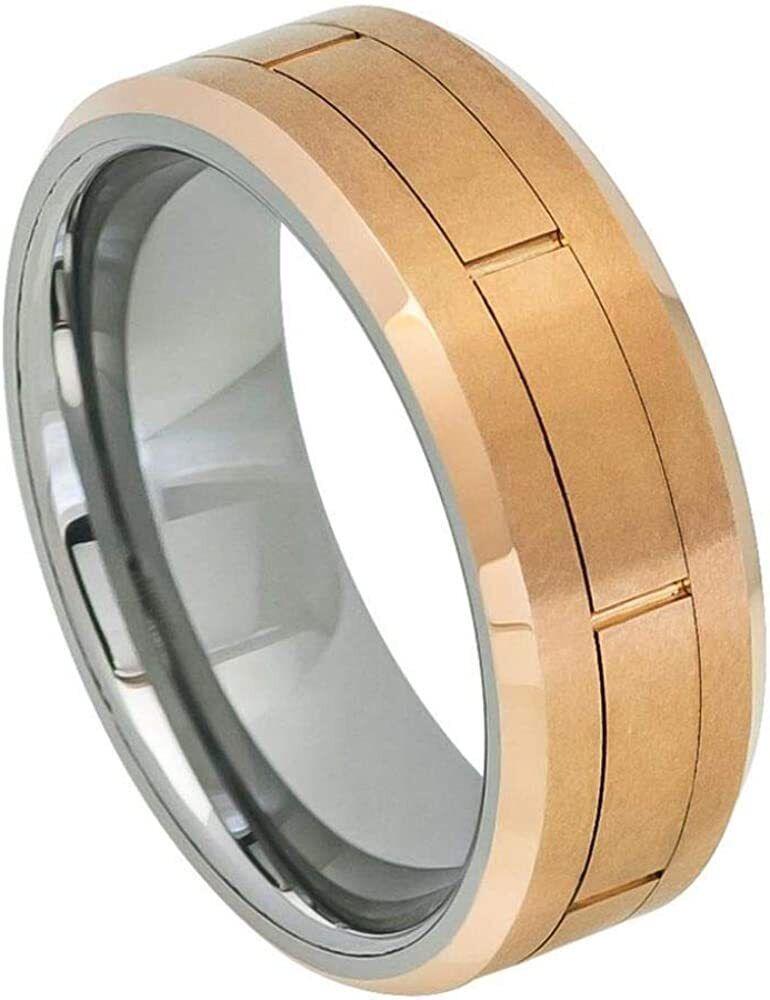 Tungsten Rings for Men Wedding Bands for Him Womens Wedding Bands for Her 8mm Rose Gold IP Brushed Grooved Center Rectangles - Jewelry Store by Erik Rayo