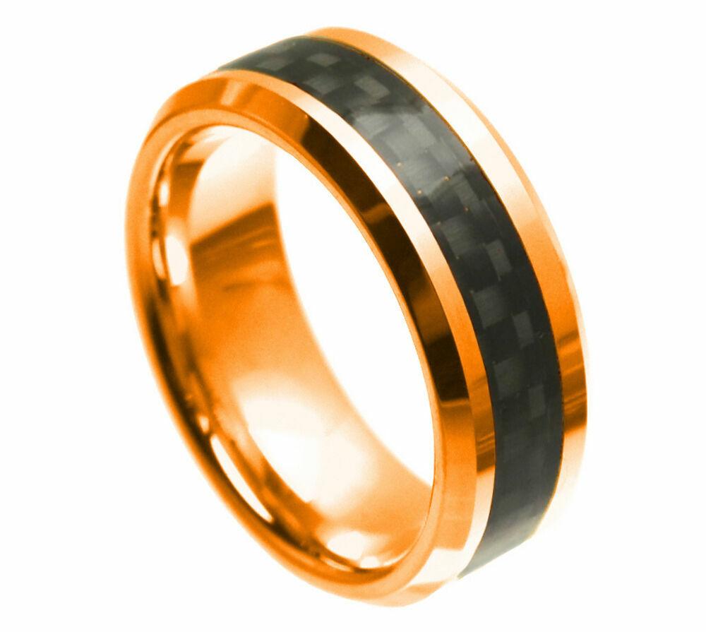 Tungsten Rings for Men Wedding Bands for Him Womens Wedding Bands for Her 8mm Rose Gold with Carbon Fiber Inlay - Jewelry Store by Erik Rayo