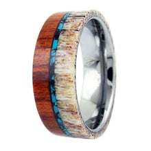 Load image into Gallery viewer, Tungsten Rings for Men Wedding Bands for Him Womens Wedding Bands for Her 8mm Sandalwood With Deer Antler and Turquoise - Jewelry Store by Erik Rayo
