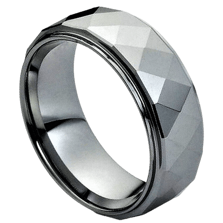 Tungsten Rings for Men Wedding Bands for Him Womens Wedding Bands for Her 8mm Shiny Facet Diamond Cut Design - Jewelry Store by Erik Rayo