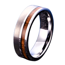 Load image into Gallery viewer, Mens Wedding Band Rings for Men Wedding Rings for Womens / Mens Rings Silver Black Off Center Koa Wood - Jewelry Store by Erik Rayo
