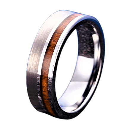 Tungsten Rings for Men Wedding Bands for Him Womens Wedding Bands for Her 8mm Silver Black Off Center Koa Wood - Jewelry Store by Erik Rayo