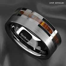 Load image into Gallery viewer, Tungsten Rings for Men Wedding Bands for Him Womens Wedding Bands for Her 8mm Silver Black Off Center Koa Wood - Jewelry Store by Erik Rayo
