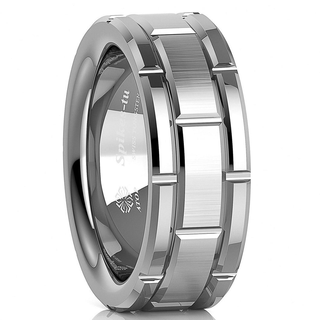 Tungsten Rings for Men Wedding Bands for Him Womens Wedding Bands for Her 8mm Silver Brick Pattern Size 6-13 - Jewelry Store by Erik Rayo