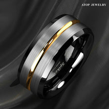 Load image into Gallery viewer, Mens Wedding Band Rings for Men Wedding Rings for Womens / Mens Rings Silver Brushed Black Edge Gold Stripe - Jewelry Store by Erik Rayo
