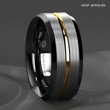 Load image into Gallery viewer, Mens Wedding Band Rings for Men Wedding Rings for Womens / Mens Rings Silver Brushed Black Edge Gold Stripe - Jewelry Store by Erik Rayo
