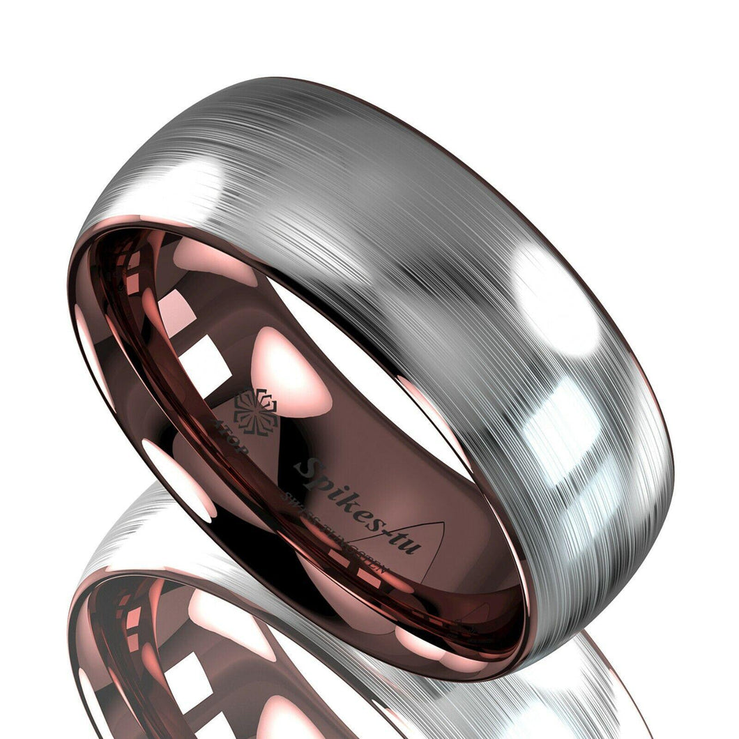 Tungsten Rings for Men Wedding Bands for Him Womens Wedding Bands for Her 8mm Silver Brushed Rose Gold Inlay - Jewelry Store by Erik Rayo